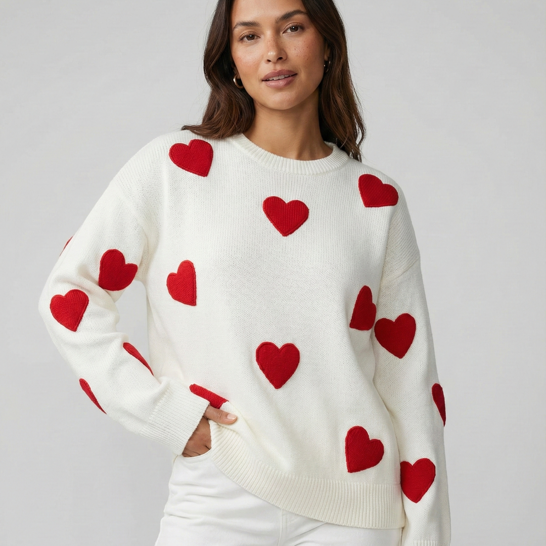 Casual Women's Sweater with Red and White Heart Pattern