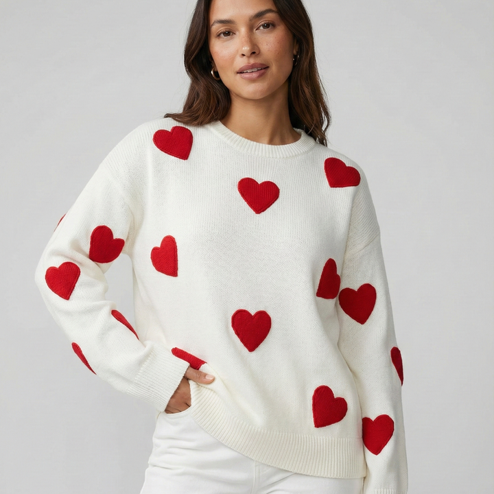 Casual Women's Sweater with Red and White Heart Pattern
