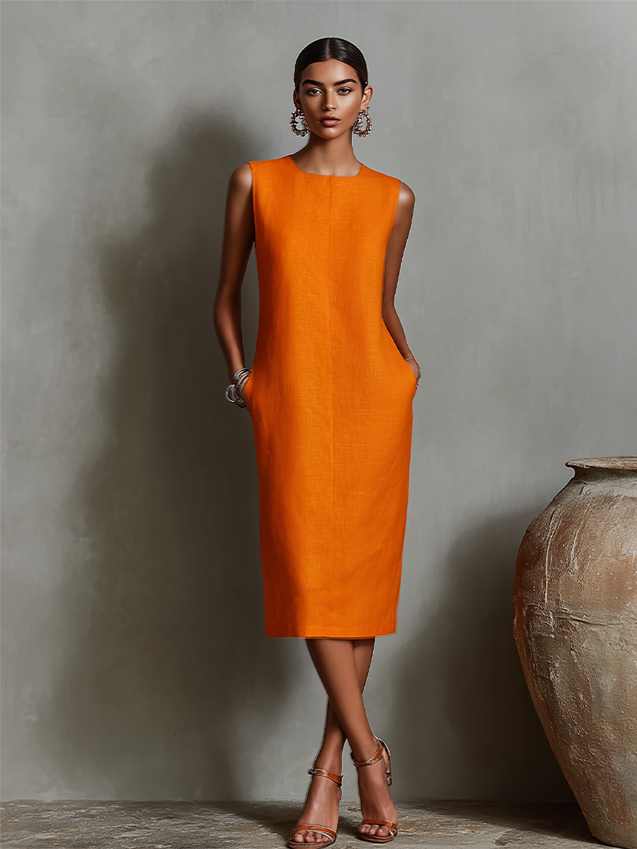 Women's Sheath Dress | Sleeveless Round-Neck Midi Dress with Pockets