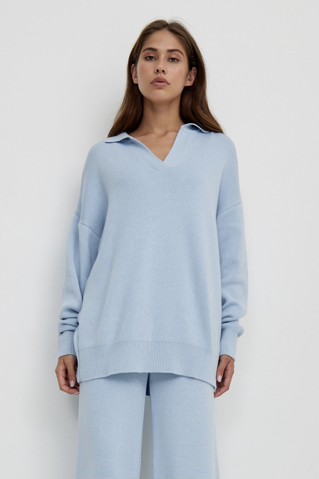 Duttini | Polo Collar Knit Pullover and Wide-Leg Pants Set
