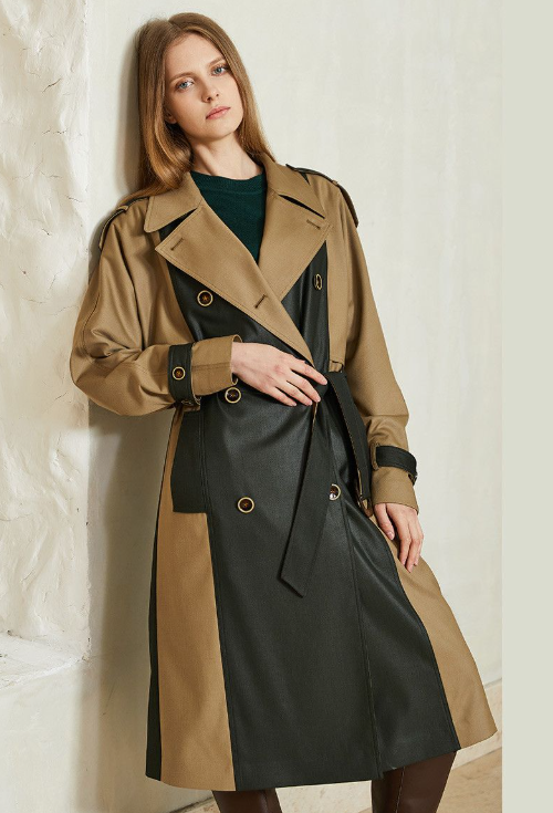 Bicolor women's trench coat with adjustable belt