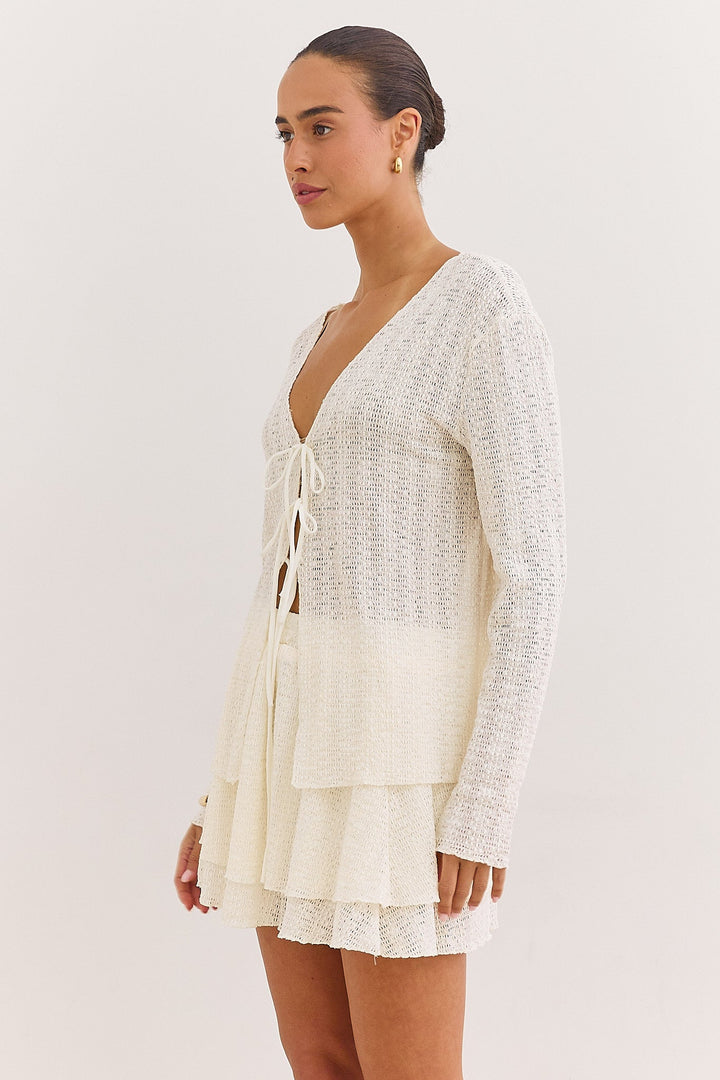 Women's V-Neck Cardigan with Ties, Long Sleeves, Openwork Knit