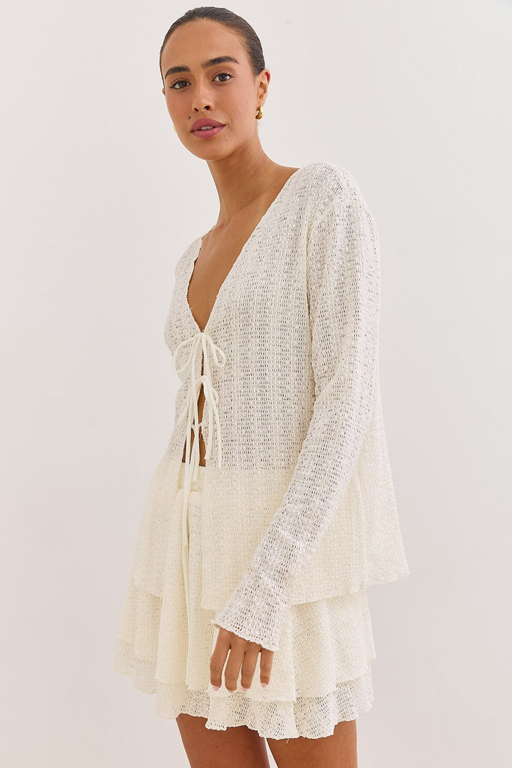 Women's V-Neck Cardigan with Ties, Long Sleeves, Openwork Knit