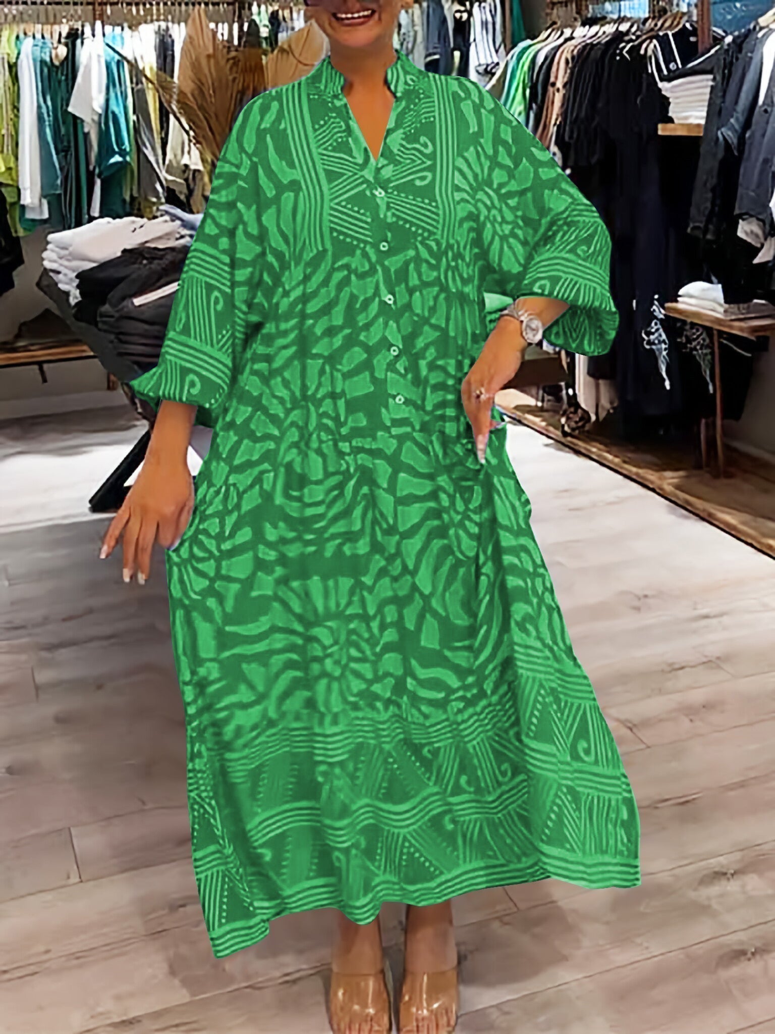 Women's Flowing V-Neck Maxi Dress | Loose Fit Summer Vacation Dress