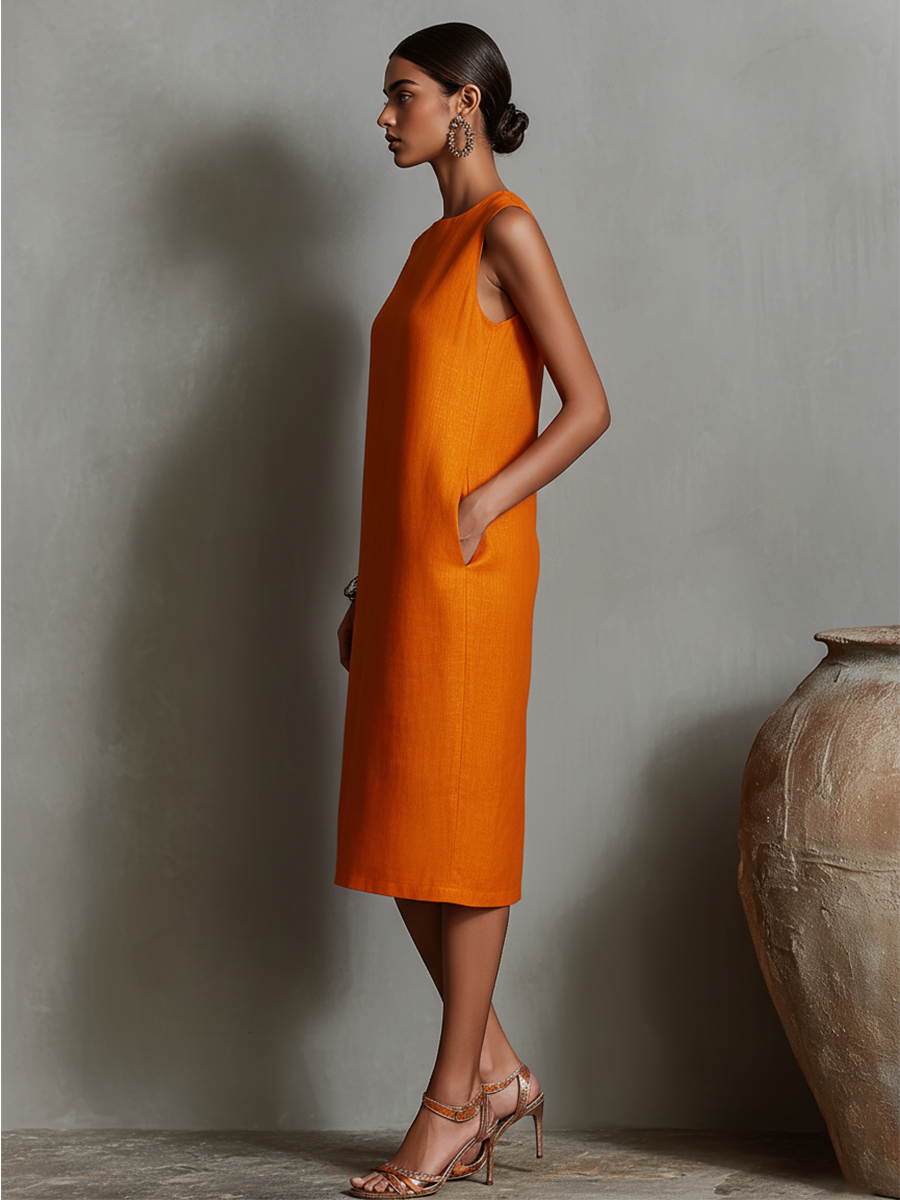 Women's Sheath Dress | Sleeveless Round-Neck Midi Dress with Pockets
