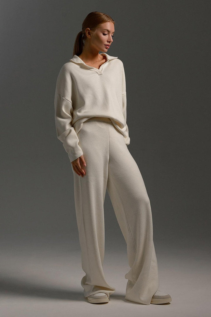 Duttini | Polo Collar Knit Pullover and Wide-Leg Pants Set