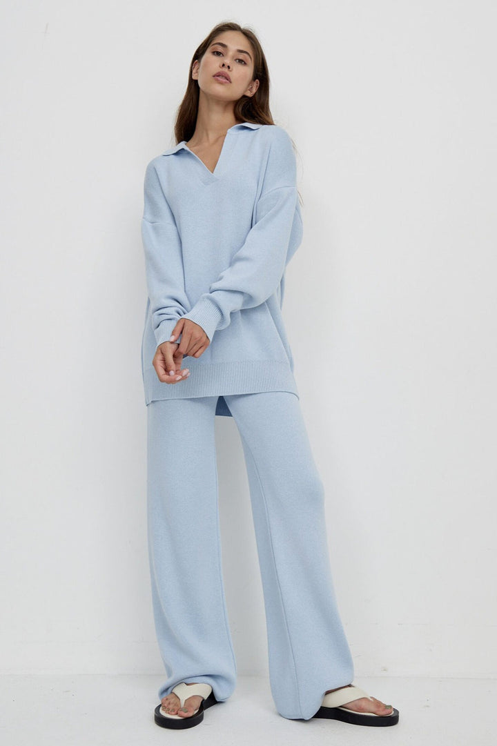Duttini | Polo Collar Knit Pullover and Wide-Leg Pants Set