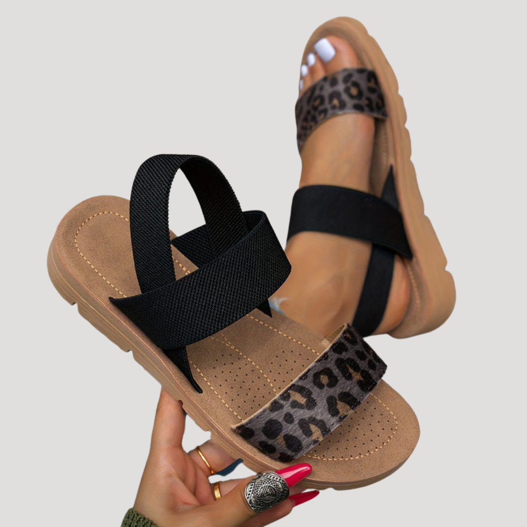 Women's Leopard Print Sandals | Comfortable Crossover Strap Flat Sandals