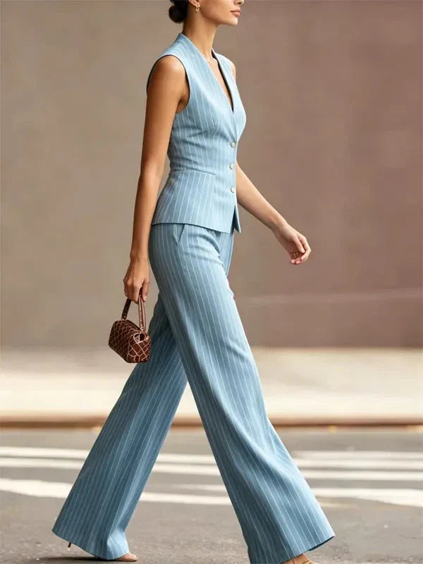 Women's Pinstripe Vest & Wide-Leg Trouser Set | Tailored Two-Piece Set