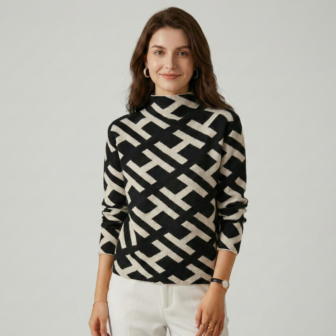 Casual Black and White Geometric Pattern Sweater