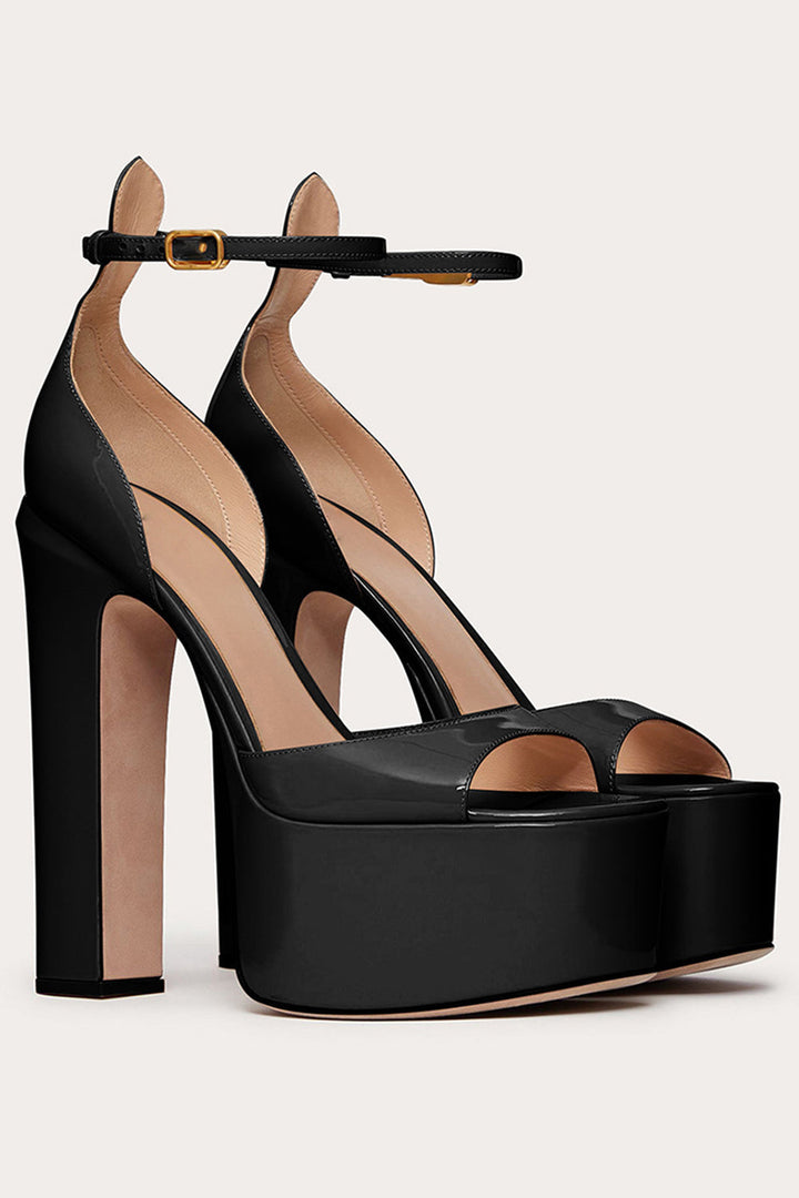 Open Toe Chunky High Heel Sandals Nude Patent Platform High Heels with Ankle Strap