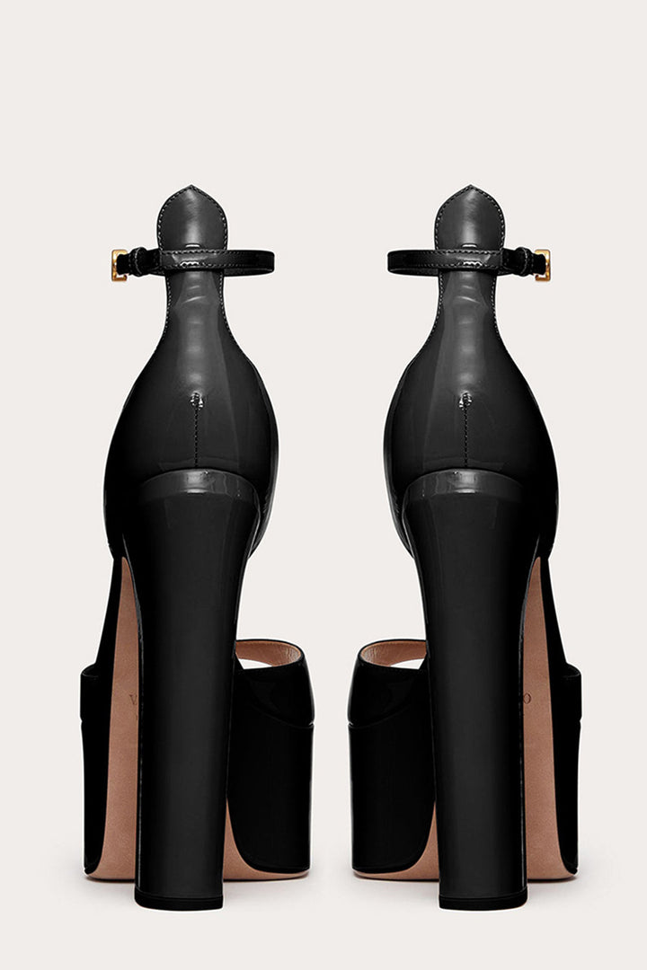 Open Toe Chunky High Heel Sandals Nude Patent Platform High Heels with Ankle Strap