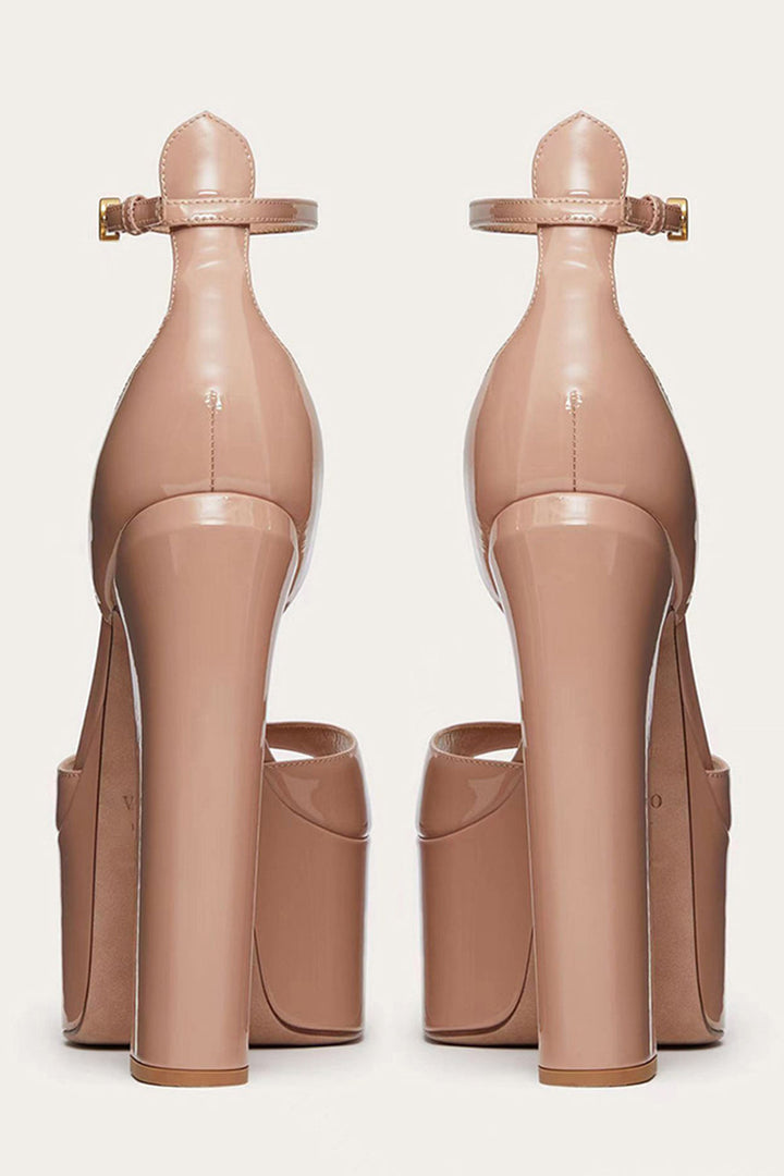 Open Toe Chunky High Heel Sandals Nude Patent Platform High Heels with Ankle Strap
