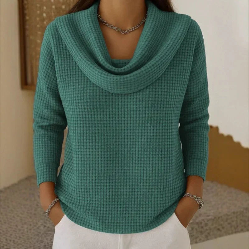 Women's Cowl-Neck Waffle Sweater | Cozy Draped Pullover