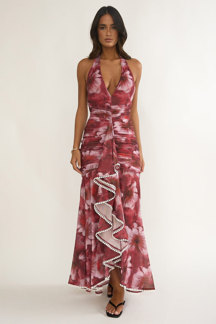 Kamilah Ruffle Maxi Dress Floral Red