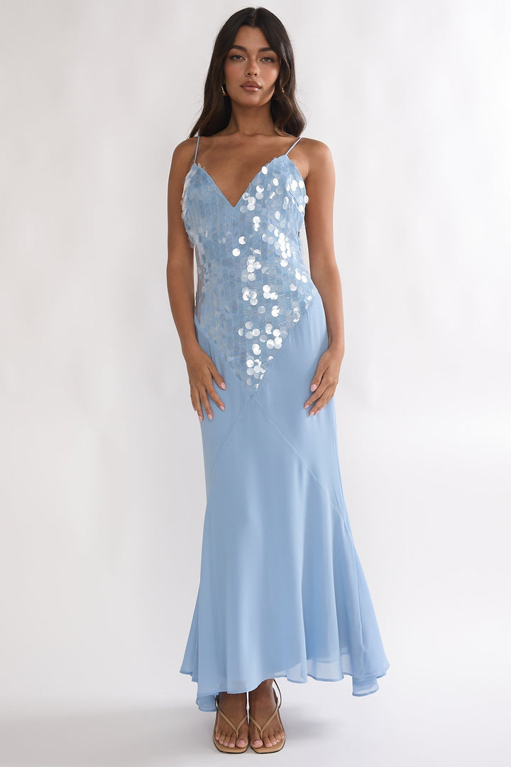 Meranda V Neck Maxi Dress Sequin Blue