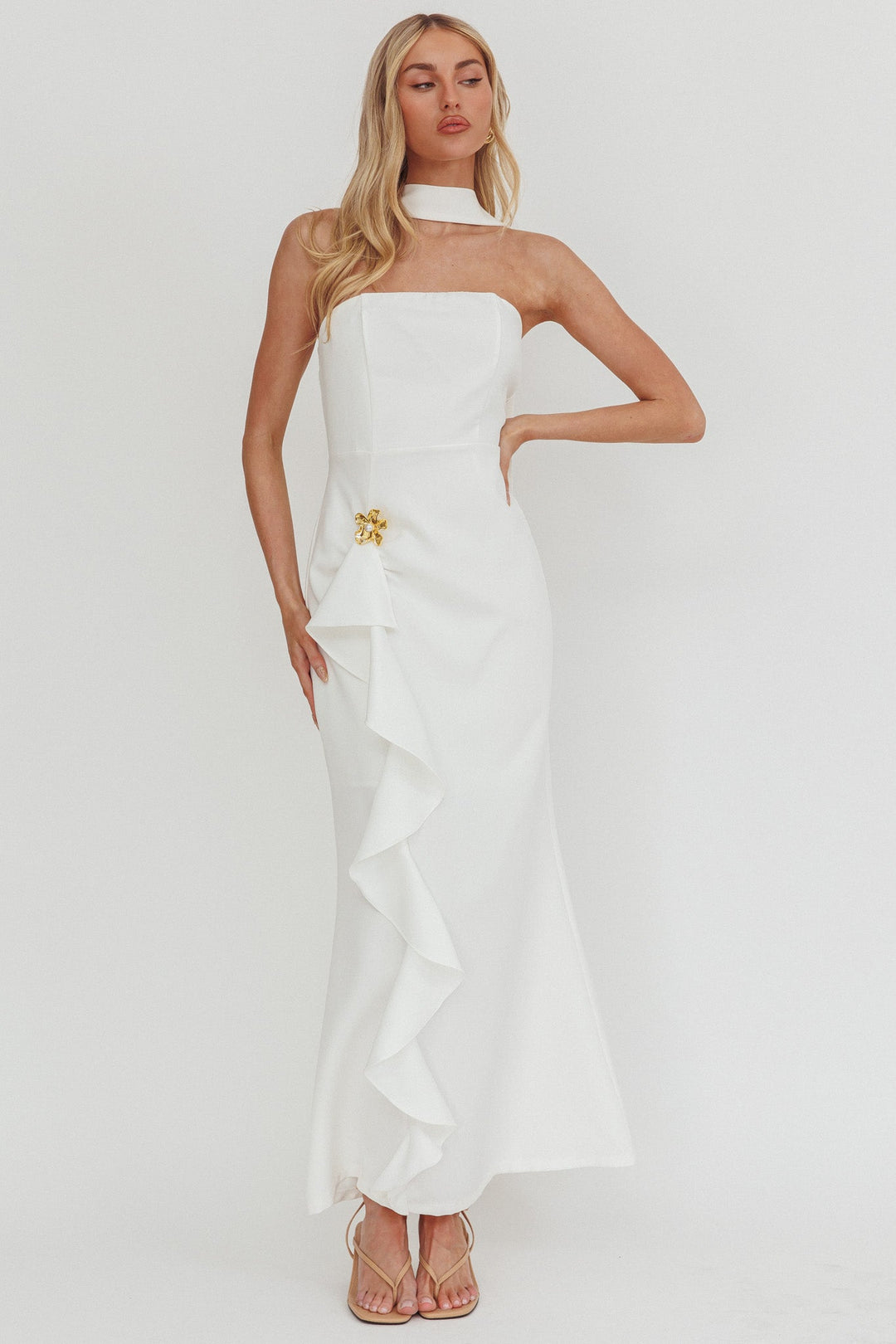 Selora Ruffle Maxi Dress White