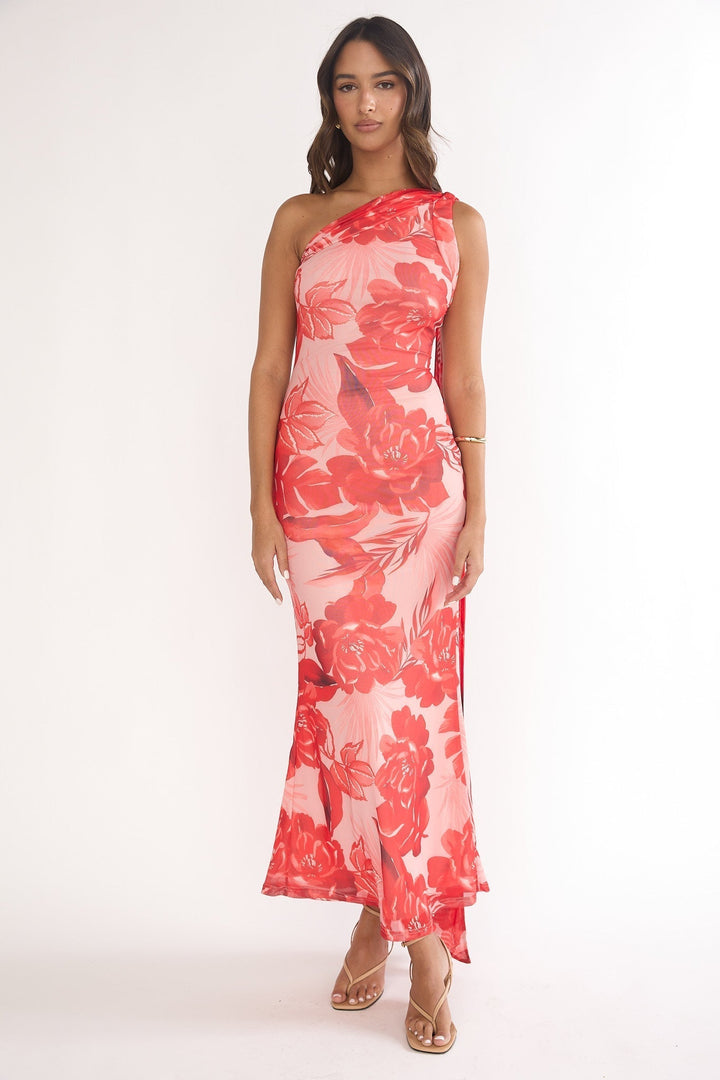 Ilyse Scarf One Shoulder Maxi Dress Floral Red