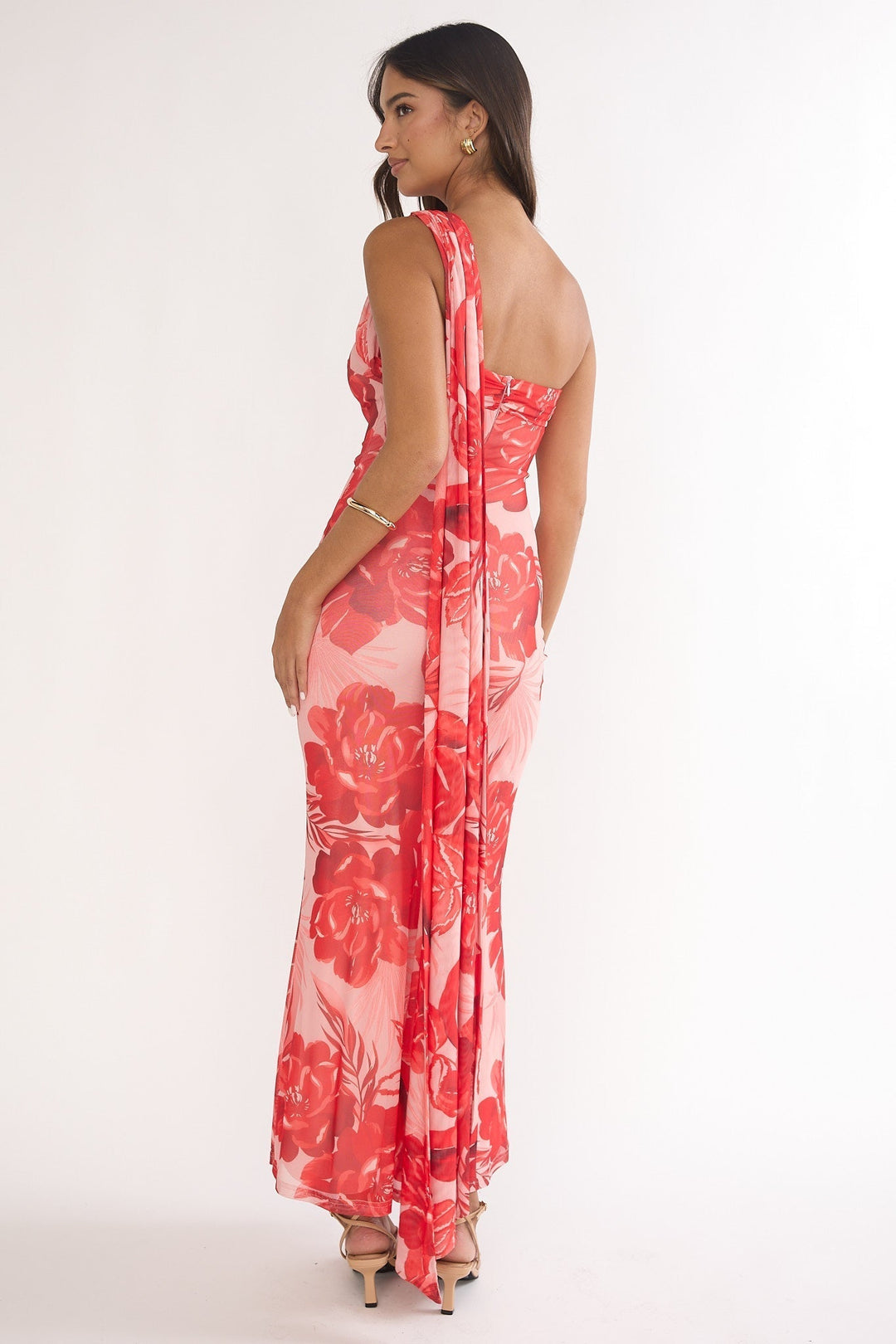 Ilyse Scarf One Shoulder Maxi Dress Floral Red