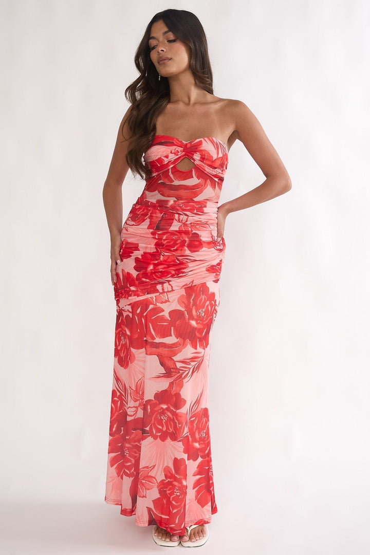 Kallira Ruched Maxi Dress Floral Red