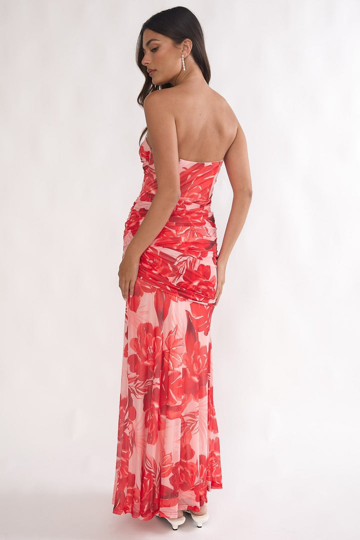 Kallira Ruched Maxi Dress Floral Red