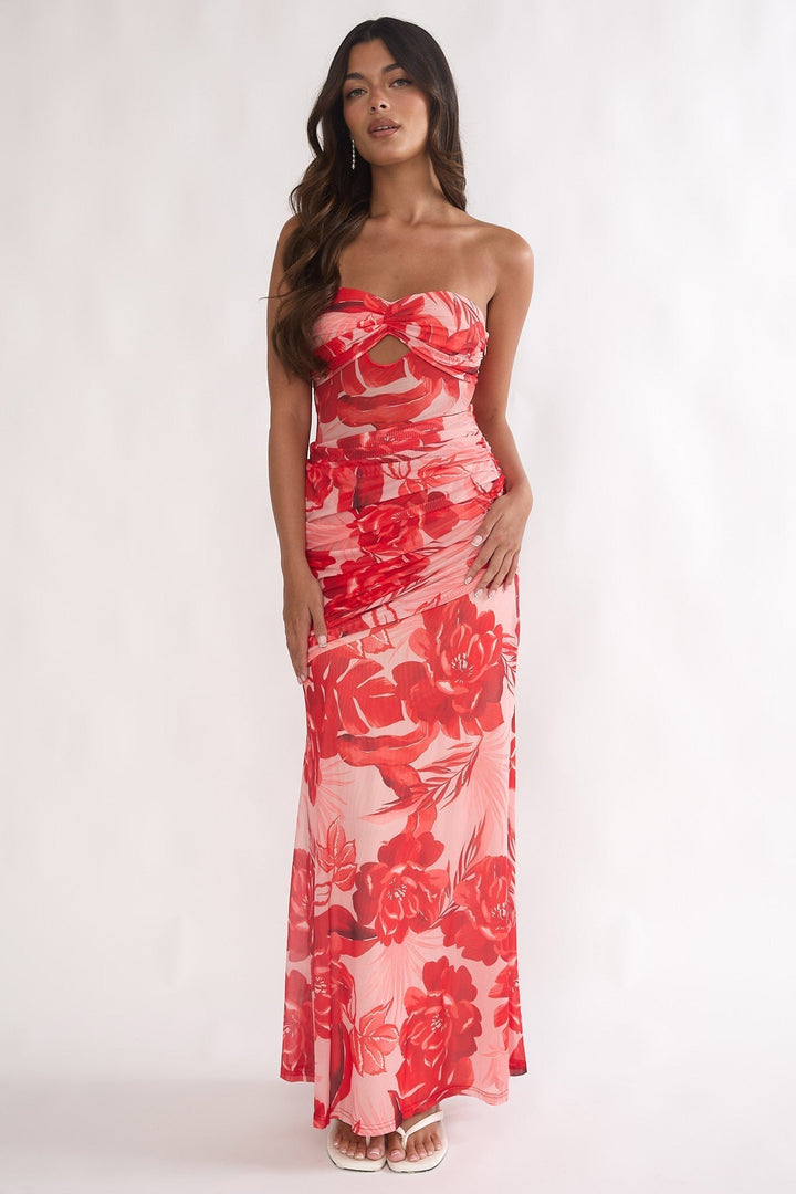 Kallira Ruched Maxi Dress Floral Red