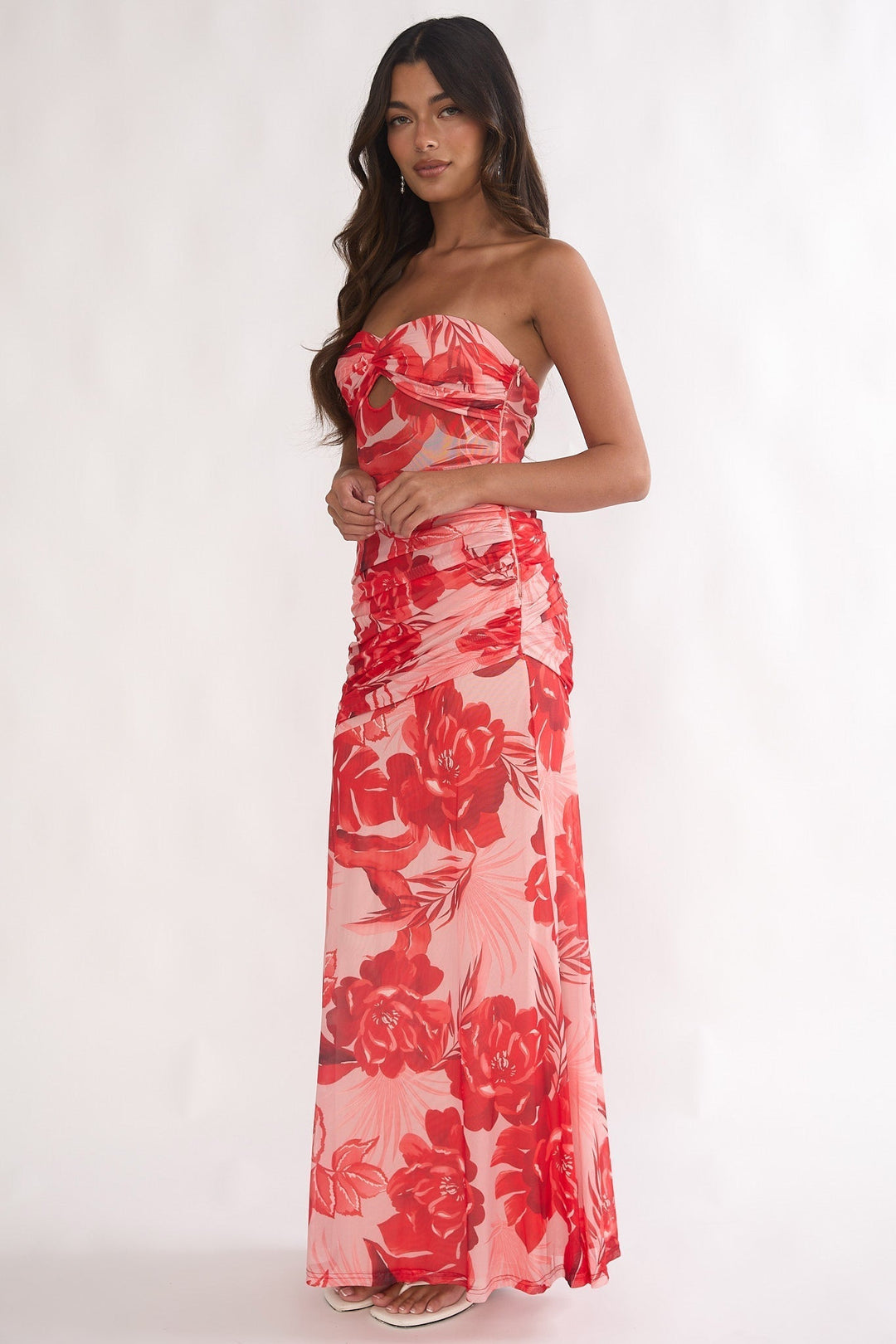 Kallira Ruched Maxi Dress Floral Red