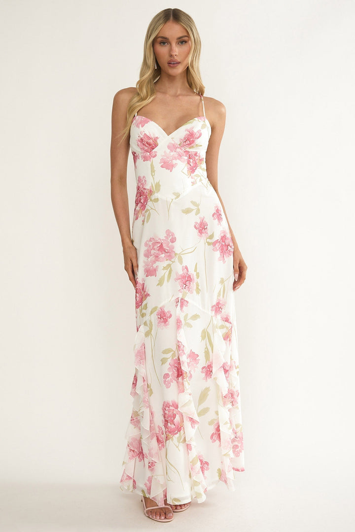 Charlisa Ruffle Maxi Dress Floral White