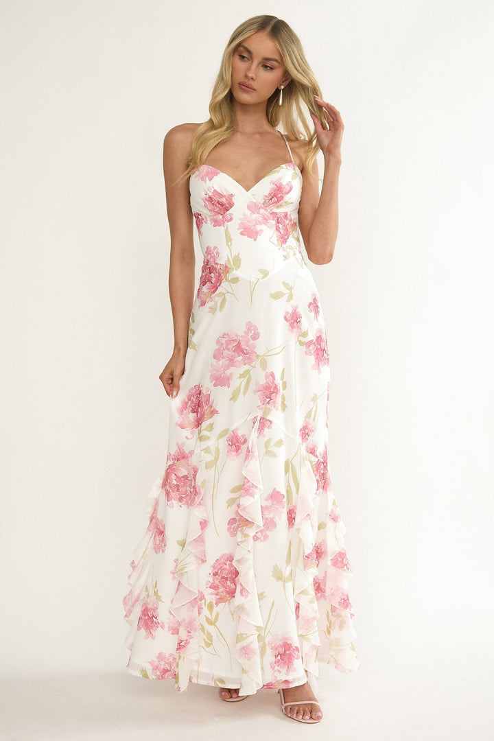 Charlisa Ruffle Maxi Dress Floral White