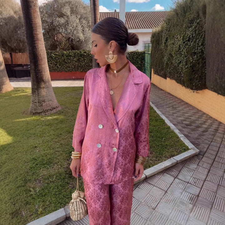 Multicolored women's jacket with floral print and double-breasted lapel