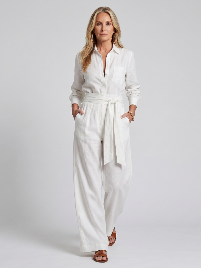 Women's Button-Front Wide-Leg Jumpsuit | Elegant Long-Sleeve Utility Jumpsuit