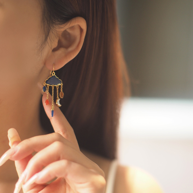 Women's Gold Vermeil Enamel Cloud Drop Earrings | Waterproof Sterling Silver Drops