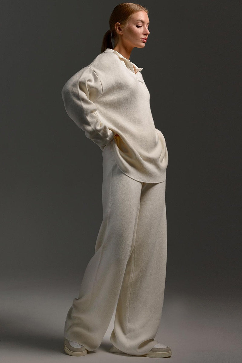 Duttini | Polo Collar Knit Pullover and Wide-Leg Pants Set