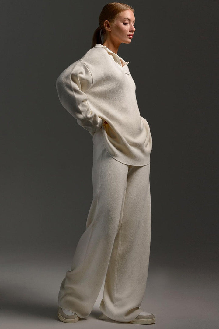 Duttini | Polo Collar Knit Pullover and Wide-Leg Pants Set