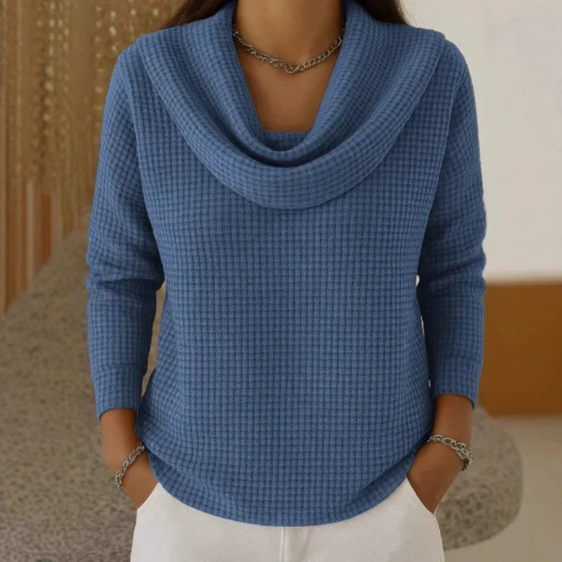 Women's Cowl-Neck Waffle Sweater | Cozy Draped Pullover