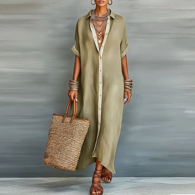 Women's Maxi Shirt Dress | Elegant Button-Up Flowing Summer Dress