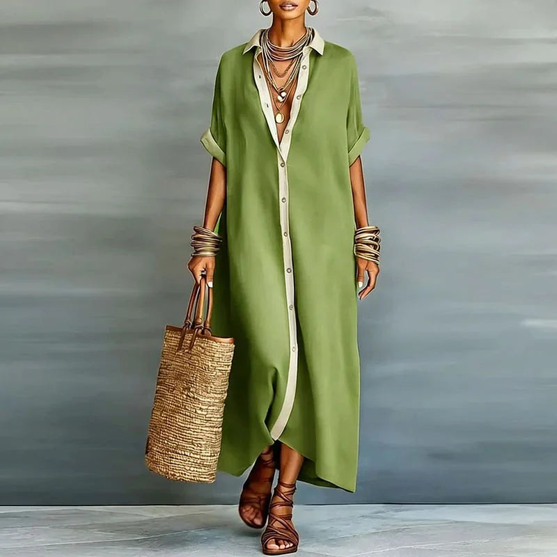 Women's Maxi Shirt Dress | Elegant Button-Up Flowing Summer Dress