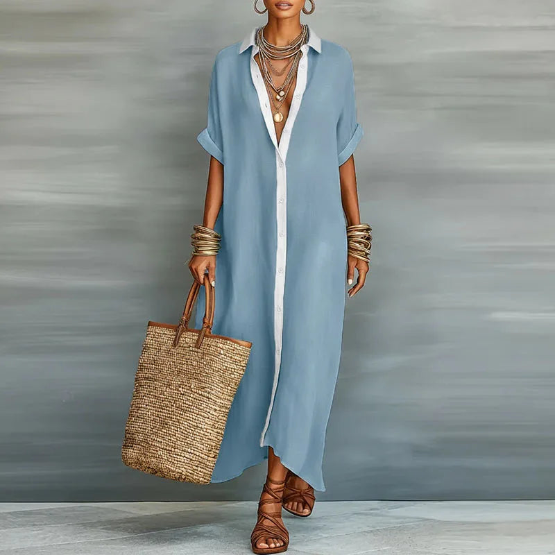 Women's Maxi Shirt Dress | Elegant Button-Up Flowing Summer Dress
