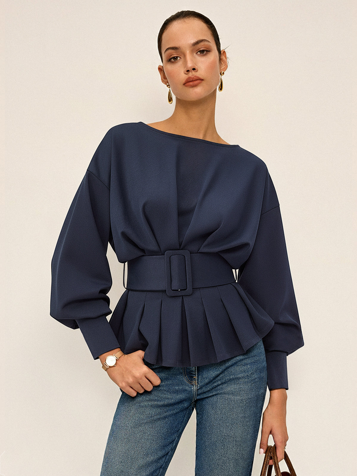 Women's Belted Sweatshirt | Cozy Crew Neck Long-Sleeve Top