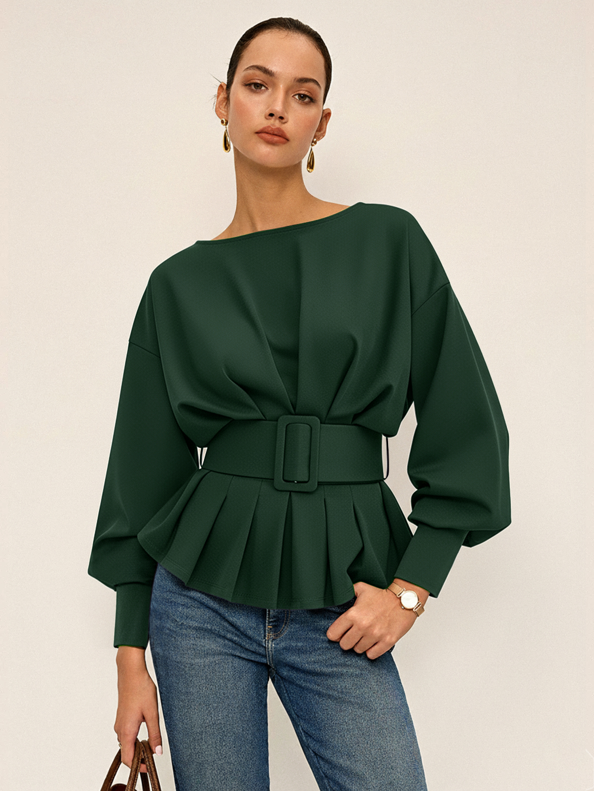 Women's Belted Sweatshirt | Cozy Crew Neck Long-Sleeve Top