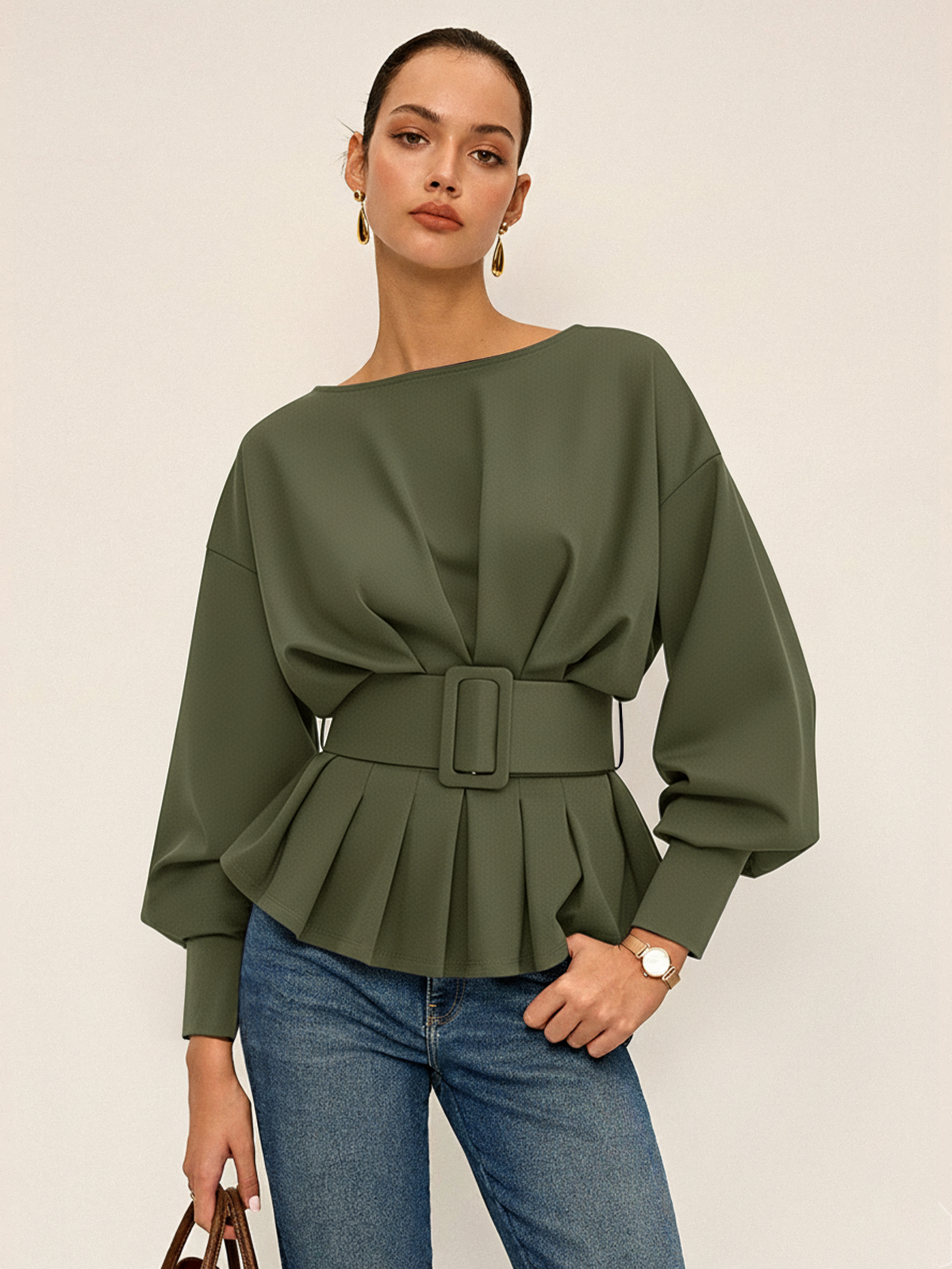 Women's Belted Sweatshirt | Cozy Crew Neck Long-Sleeve Top