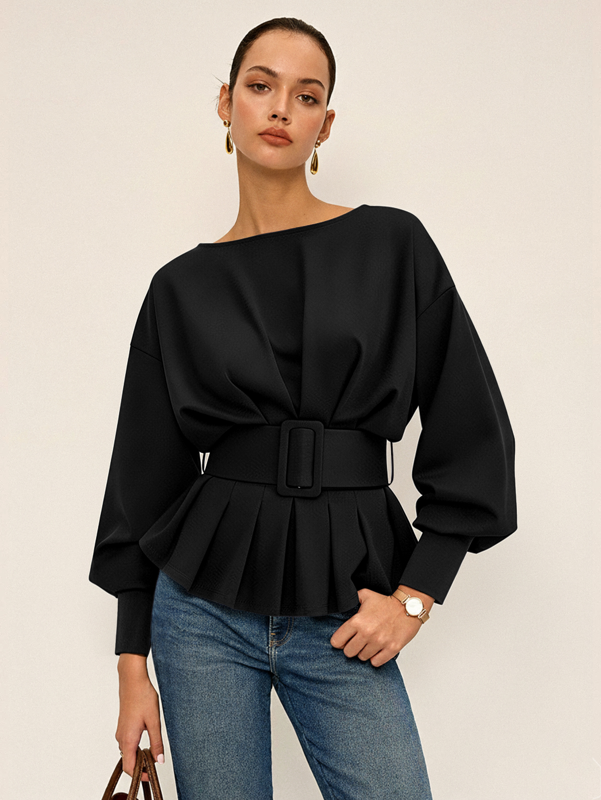 Women's Belted Sweatshirt | Cozy Crew Neck Long-Sleeve Top