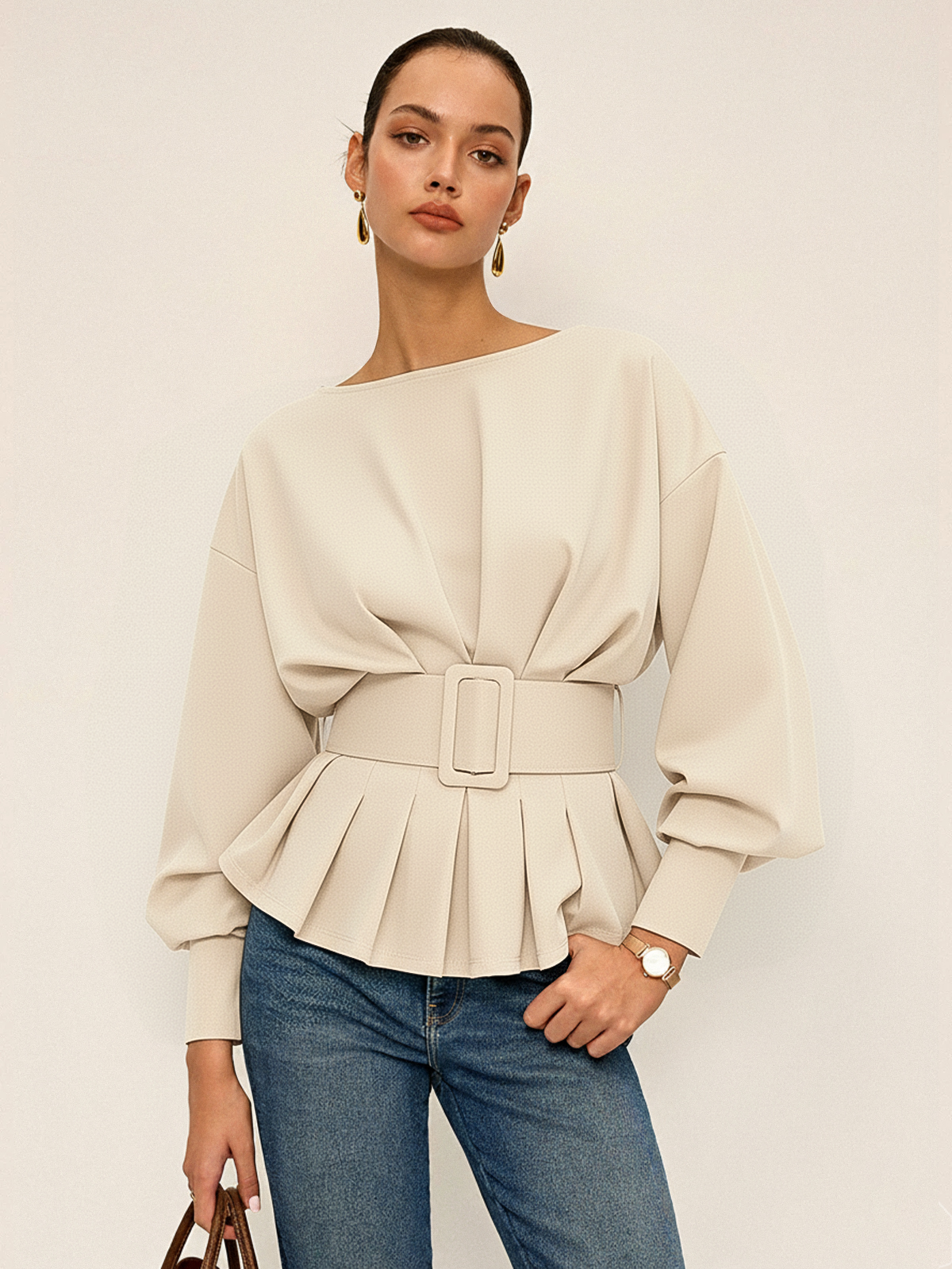 Women's Belted Sweatshirt | Cozy Crew Neck Long-Sleeve Top