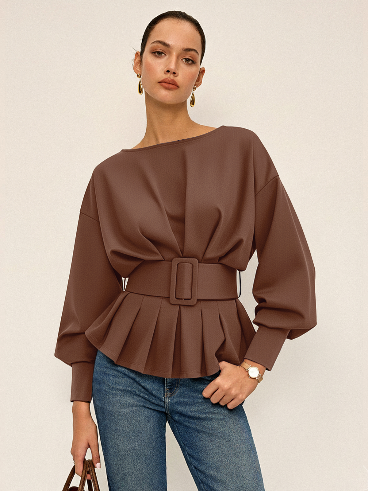Women's Belted Sweatshirt | Cozy Crew Neck Long-Sleeve Top