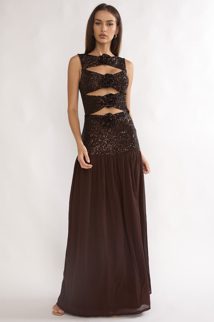 Dioris Sequin Maxi Dress Chocolate