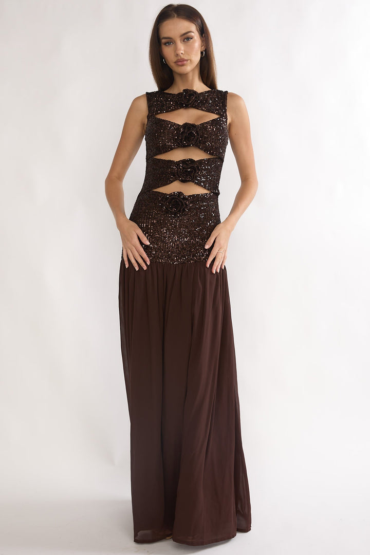 Dioris Sequin Maxi Dress Chocolate