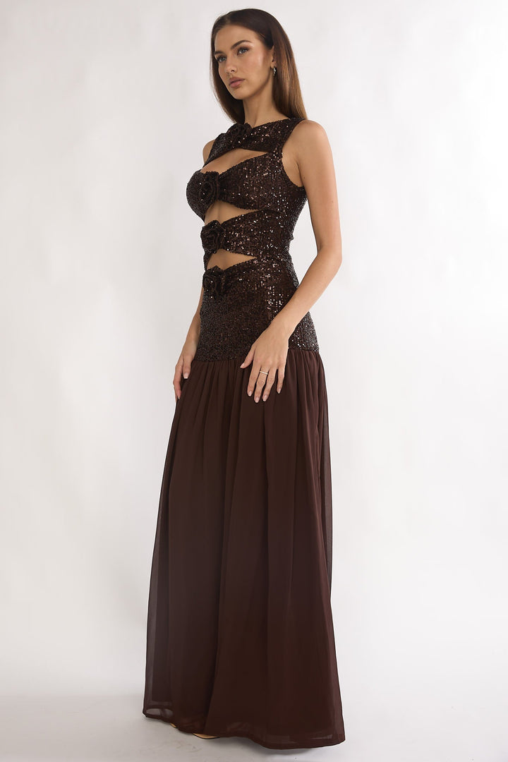 Dioris Sequin Maxi Dress Chocolate