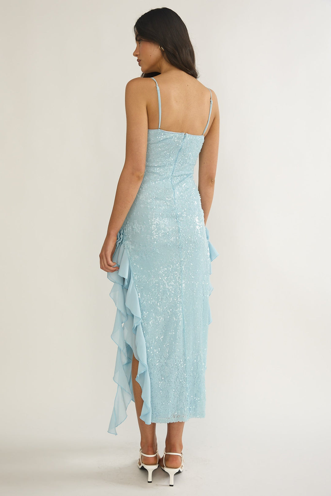 Sky Limit Ruffle Midi Dress Sequin Blue