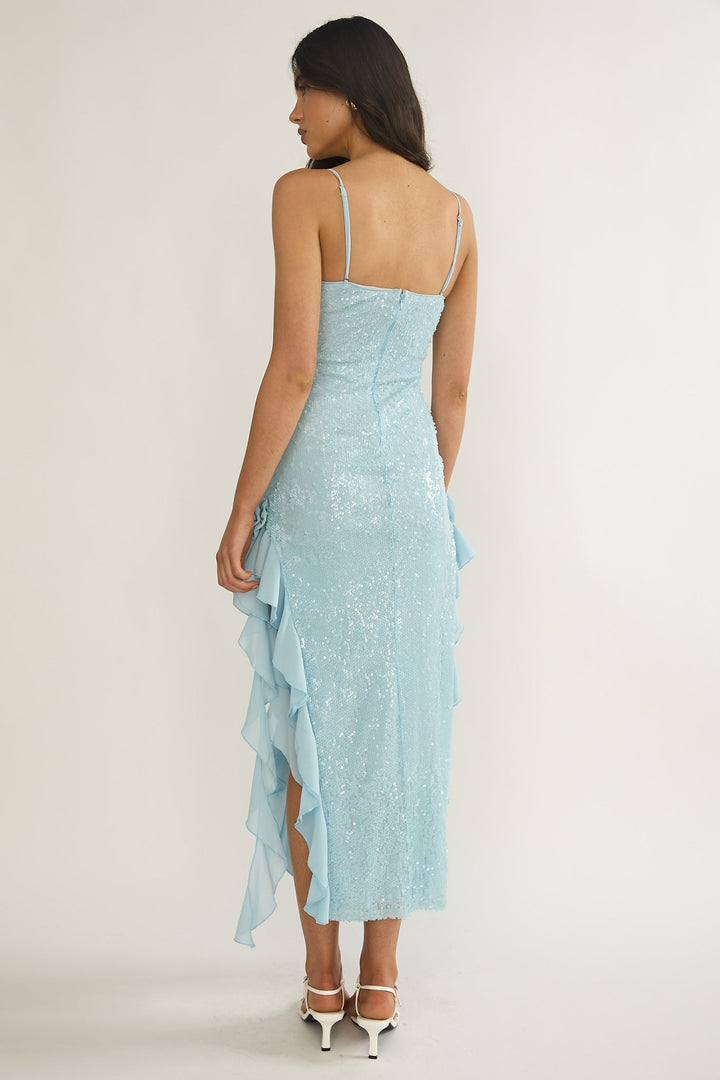 Sky Limit Ruffle Midi Dress Sequin Blue