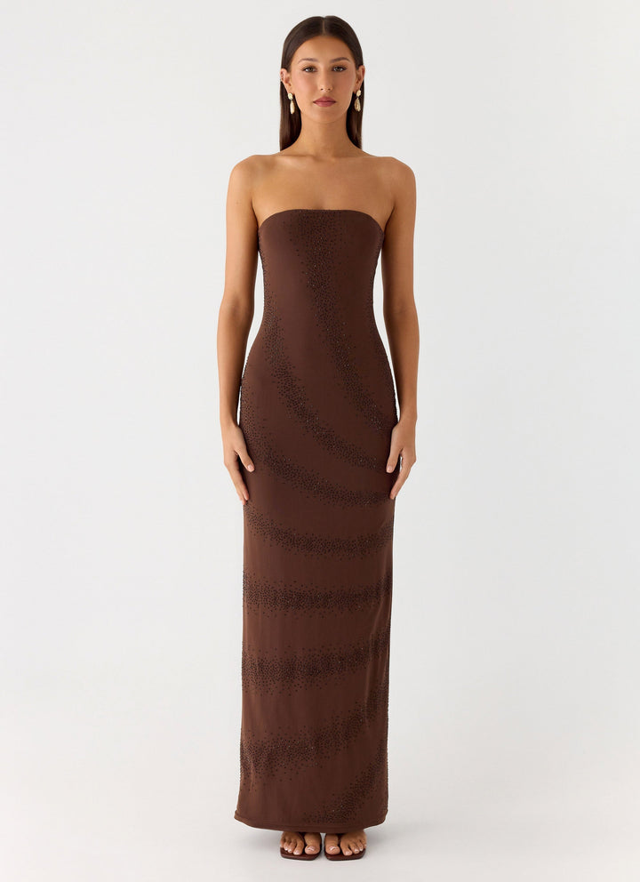 Belisse Beaded Mesh Maxi Dress Chocolate